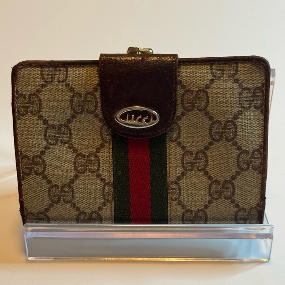 Vintage Gucci Leather Snap Flap Bi-fold Candy Red Stripe Kiss Lock Wallet COA - Picture 1 of 16